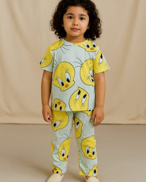 J&JP Kids Duck  Printed Half Sleeve T-shirt and Pant Set- Sky Blue