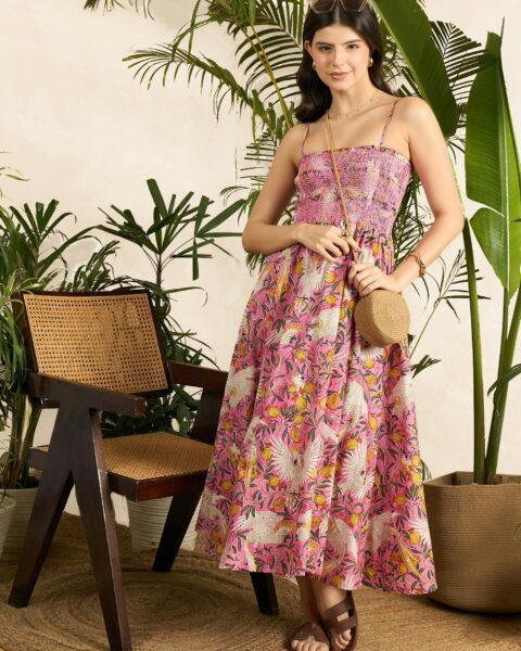 Smocked Strappy Cotton Midi Dress