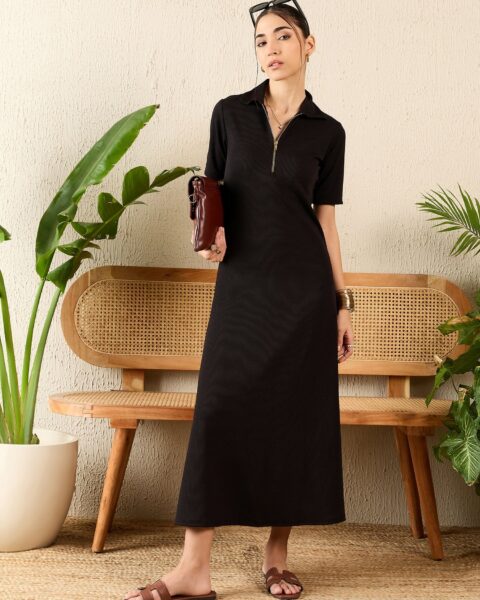 Stretchable Front Zip-up Midi Dress