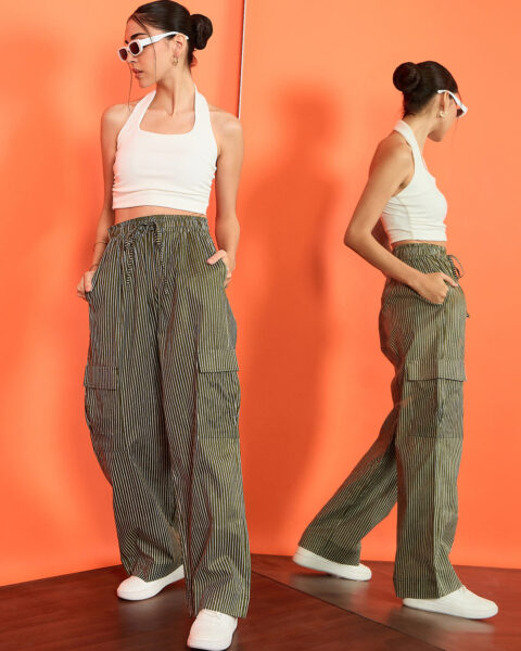 Striped Cargo Trousers with Elasticated Waistband